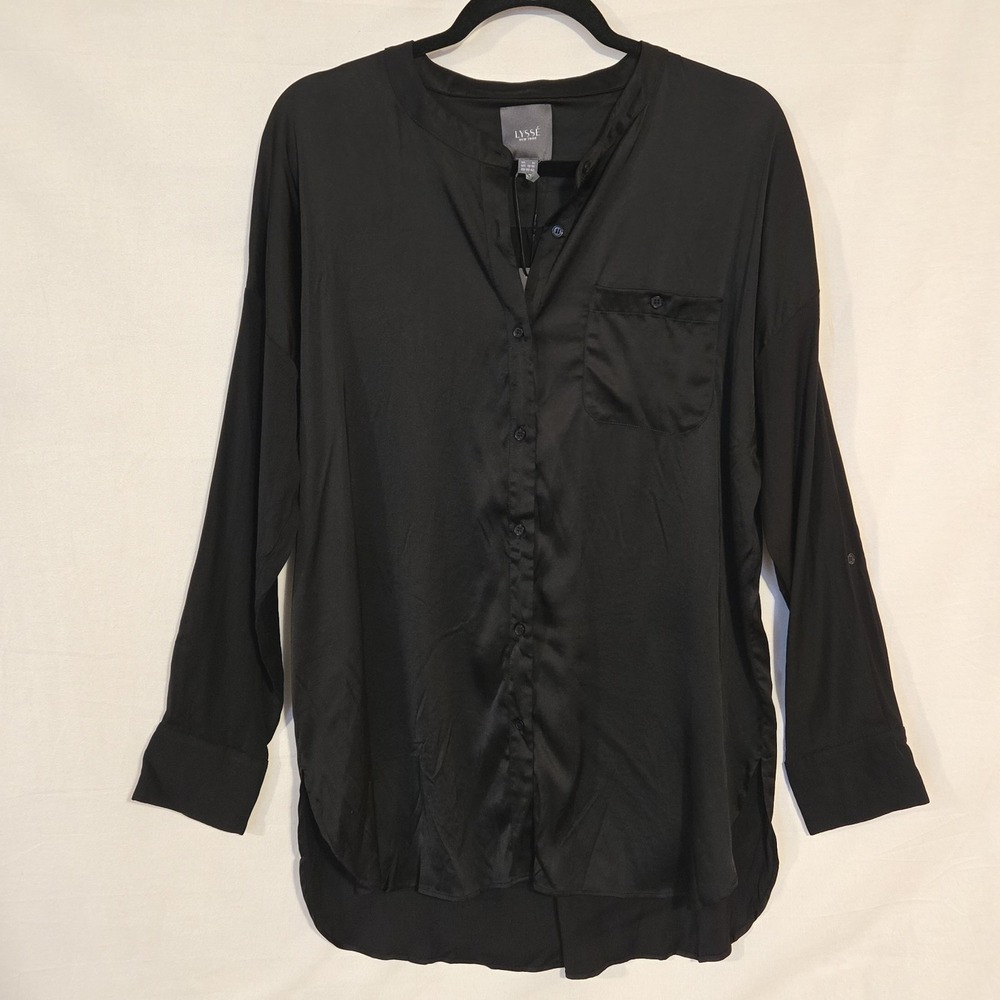 Lysse Kat Blouse Size Medium Women's  Black Satin Button Up Shirt